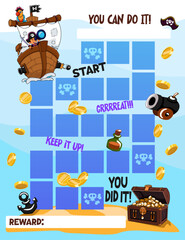Fototapeta premium Reward chart for boys. Pirate ship. Table of behavior and routine work of kids. Vector illustration