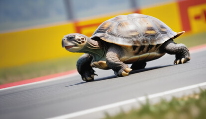 concept of speedy, turtle running fast on F1 line autodrome