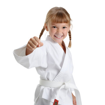 Smiling girl fighting stance dressed in a karate uniform isolated on white or transparent background. AI Generated.