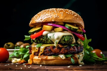 Veggie burger with assorted greens and toppings. Generative AI