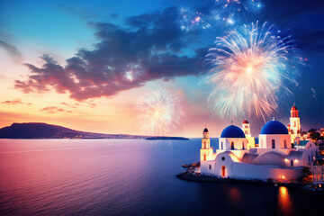 Fireworks show over fantasy Greek island. The New Year celebration - obrazy, fototapety, plakaty