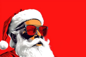 Christmas claus in santa claus costume sunglasses with christmas beard and red sunglasses.