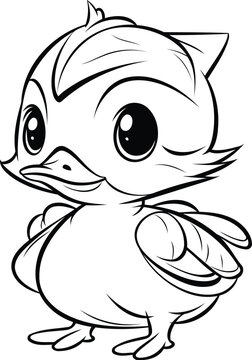 Black and White Cartoon Illustration of Cute Baby Duck Animal Character for Coloring Book
