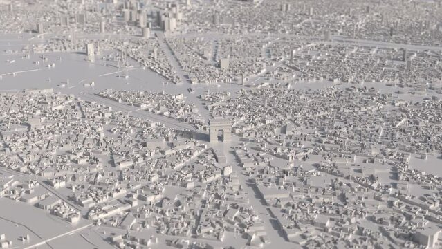White 3D model of Paris with the Arc de Triomphe with rotating camera in the middle.  