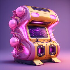 futuristic arcade machine platform game extravagant glossy shiny Yellow Pink Purple vibrant hyperdetailed ultradetailed cinematic lighting subtle neon Unreal render 