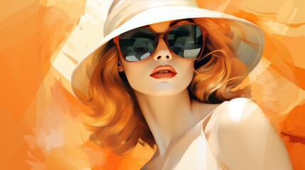 Fototapeta premium Sensual beautiful woman trendy artwork. Surreal apricot vivid portrait, fashionable painting pop art illustration for printing on fabric or paper, poster or wallpaper, advert