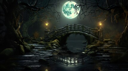 Halloween night with Full Moon on Bridge 