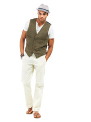 Man, pocket and studio or energy portrait for luxury design, style trend or fashion clothes. Male model person, face and white background mockup for confident, good mood or creative outfit for summer