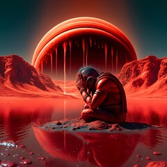 anatomic spiritual man crying red water over saturn landscape hyper realistic micro details volumetric lights award winning photography 8K EF 85mm f18 USM Prime Lens ISO 100 Depth OF Field vibrant 