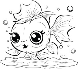 Cute cartoon goldfish swimming in the sea. Black and white vector illustration.