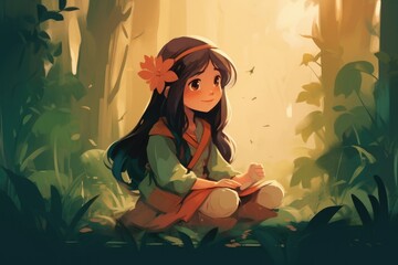 Illustration of young princess in the fairytale forest scene, Generative AI