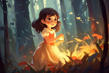 Illustration of young princess in the fairytale forest scene, Generative AI
