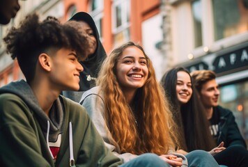 Obraz premium A candid photo of a diverse, smiling group of Gen Z teenagers laughing together on an urban street. Their relaxed poses show their authentic camaraderie.