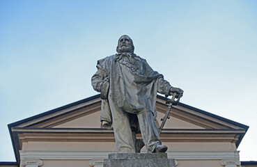 Granit stone statue of Garibaldi, an Italian general and politician, in Lecco, Lake Como, Italy. Selective focus