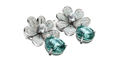 silver earrings with blue emeralds isolated on transparent background