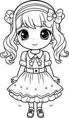 Cute little girl in a dress. Vector illustration for coloring book.