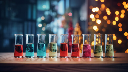 colorful test tubes on a wooden table with christmas lights - obrazy, fototapety, plakaty