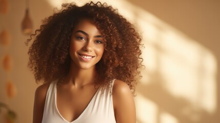 Beauty portrait of african american girl with clean healthy skin on beige background.