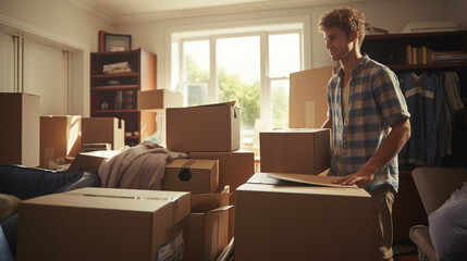 stockphoto, copy space, A male college freshman unpacking his things and stuff, moving into his university dorm room. Young male student arranging his stuff in his dorm room. Student theme, education - obrazy, fototapety, plakaty