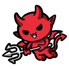Funny Halloween illustration. The cute red demon with wings and pointed tail is holding a spear.