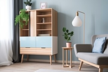 Fototapeta na wymiar Cabinet with frame in Scandinavian living room. Generative AI