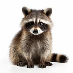 Close-up capture of a raccoon's detailed features, sharply contrasted against a white background, emphasizing its natural beauty and unique characteristics