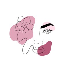 human eye anatomy, woman face minimalism, minimalistic human face, face with flower, pink flower, abstract illustration, woman face in white 