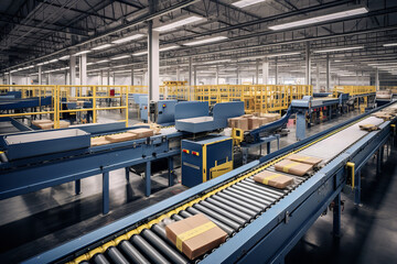 A conveyor belt filled with packages and letters is in motion at a busy postal facility, showing the logistics of mail delivery