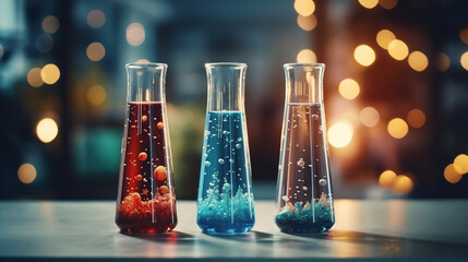 colorful test tubes on a wooden table with christmas lights