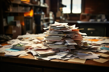 A pile of unsolicited junk mail including flyers and advertisements is stacked messily on a kitchen table, causing annoyance