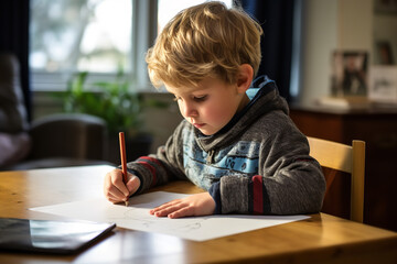 A child sits at a table drawing colorful pictures, which will be sent to a distant pen pal as a form of correspondence