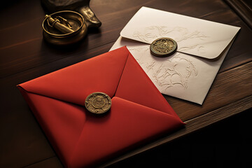 envelope lies on a wooden desk sealed with a wax seal for authenticity