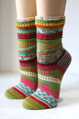 Ein Paar handgestrickte bunte Socken, verschiedene Muster gestrickt und gehäkelt