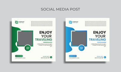 Obraz premium Vector traveling social media post design. editable square banner for social media. traveling agency post template.