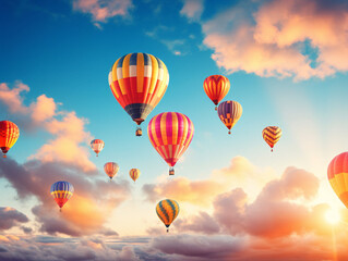 Vividly colored hot air balloons peacefully soar through the sky in a V-52 style formation.