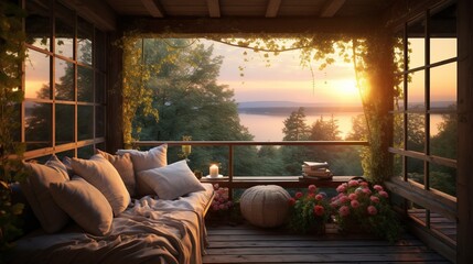Balcony with amazing sunset views. Generation AI - obrazy, fototapety, plakaty