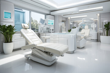 Dental clinic with seating and instruments with natural illumination from large windows.