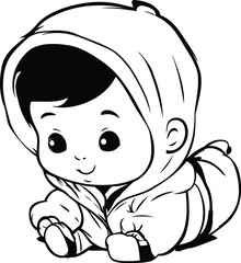 Cute baby boy in a raincoat. Black and white vector illustration.