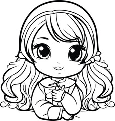 Black and White Cartoon Illustration of Cute Little Baby Girl with Long Hair for Coloring Book