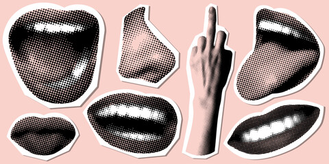 Set of retro halftone parts of body. Paper cutout elements with lips, nose, hands. Y2K style. Trendy newspaper parts. Torn paper. Halftone collage element. Screaming, kissing mouth. Middle finger sign - obrazy, fototapety, plakaty