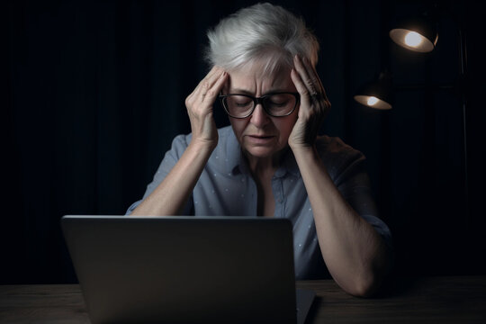 Pensive old lady paying online at home, managing bank finances, calculating taxes, planning to pay off pension debt. Generative Ai. Generative Ai.
