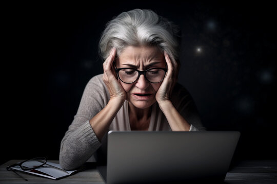 Distressed mature grey-haired woman look at laptop screen have problems pay household bills or taxes online. Generative Ai. Generative Ai.