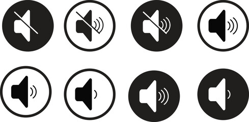 Speaker and sound icon set. volume icon vector. loudspeaker icon vector. Mute and unmute volume sound flat vector icons for video apps and websites.
