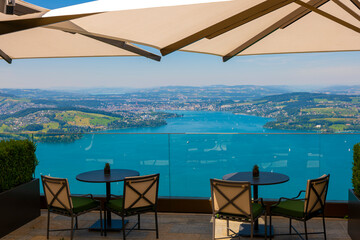 Hotel Five Stars Bürgenstock with Terrace over Lake Lucerne and Mountain in Sunny Day in...