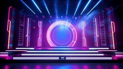 Empty neon stage for show, rays, spotlights, neon. Generation AI - obrazy, fototapety, plakaty