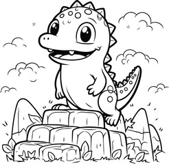 Vector illustration of Cute dinosaur on the stone. Coloring book for children
