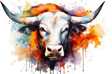 Modern colorful watercolor painting of a bull or cow, textured white paper background, vibrant paint splashes. Created with generative AI