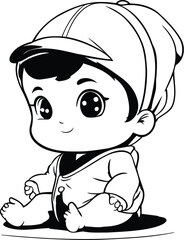 Cute little baby boy in baseball cap. Cartoon vector illustration.