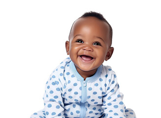 Smiling african baby boy sitting, isolated on white or transparent background. AI Generated.