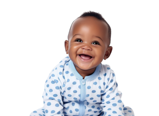 Smiling african baby boy sitting, isolated on white or transparent background. AI Generated.